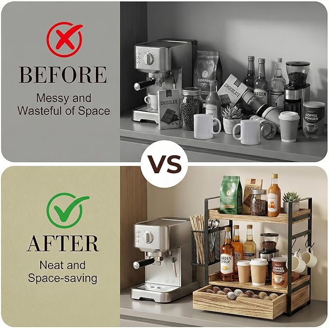 Coffee Station Organizer Countertop, Wooden Coffee Bar Accessories Organizer with Basket, 2 Mug Holder Hooks and Pod Drawer, Multifunctional 2 Tier Countertop Organizer for Kitchen, Bathroom, Office