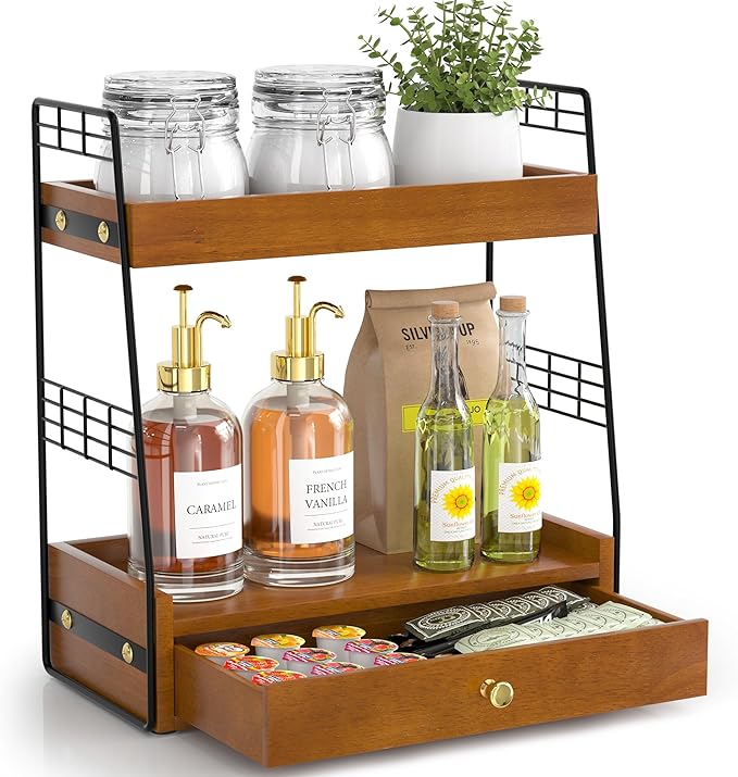 Coffee Bar Station Organizer with Built-In Drawer, 2-Tier Countertop Shelf for Tea Bags, Coffee Accessories, Syrup Bottles (Walnut)