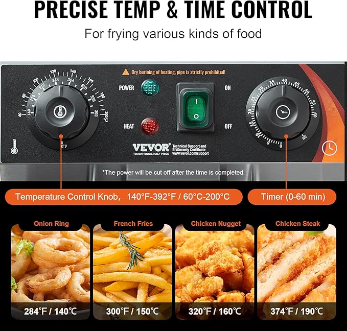 VEVOR Commercial Deep Fryer, 1500W Electric Countertop Fryer with Basket, 11.6Qt / 11L Stainless Steel Single Oil Fryer with Time & Temp Control, Overheat Protection, for Kitchen Restaurant Use