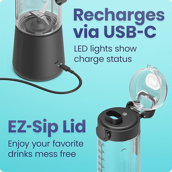 Chefman Cordless Portable Blender for Smoothies and Shakes, BPA-Free 16 oz Blending Jar w/Stainless-Steel Blades, USB-C Rechargeable with Color-Changing LEDs, Dishwasher-Safe Accessories - Black