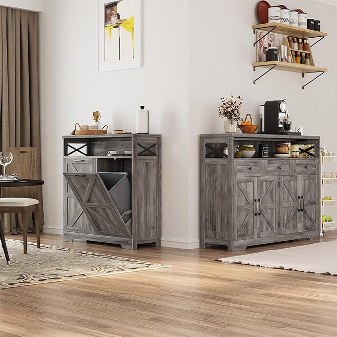 Befrases Double Tilt Out Trash Can Cabinet for 13 * 2 Gallon Garbage Can, Farmhouse Kitchen Garbage Trash Bin for Hidden Laundry Basket, Dual Dog Proof Recycling Cabinet for Dining Living Room, Grey