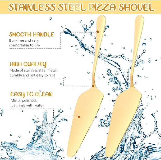 Domensi 7 Pcs Pizza Pan Riser Stands Sets Includes Tiered Tray Stand Stainless Steel Pizza Pan and Wood Handle Knife for Tables Party Restaurant (Gold)