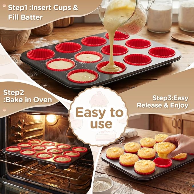 2 Set 12-cup Non Stick Carbon Steel Muffin Pan for Baking with 24 Reusable Silicone Liners, Non Toxic Cupcake Pan Muffin Tin for Easter Wedding Brownies Egg Bite, Easy to Pop(Red)