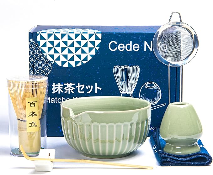Matcha Whisk Set, Matcha Starter Kit for Tea Ceremony, Ceramic Matcha Bowl with Spout, Bamboo Whisk, Scoop, Ceramic Holders, Stainless Sifter, Towel, 7pcs Japanese Tea Making Tools (Green)