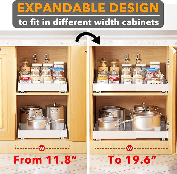 SpaceAid Pull Out Cabinet Organizer, 1 Pack Expandable 11.8"-19.6" (Need to Pull to Widen) Heavy Duty Pull-Out Drawer with Adhesive Tape for Kitchen Storage Cabinets (White, 17" Deep)