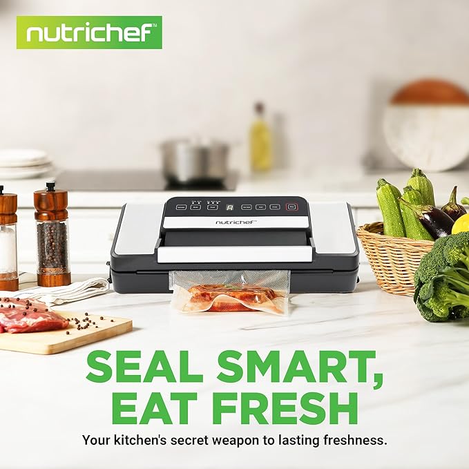 NutriChef Vacuum Sealer for Food with Easy Lock Handle, Countertop Vacuum Sealer Machine for Dry, Moist, Liquid Items, Works with Reusable Vacuum Seal Bags and Rolls, Preserves Freshness