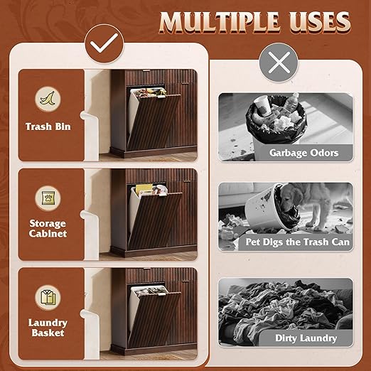 WLIVE 2 * 10 Gallon Double Tilt Out Trash Can Cabinet, Hidden Trash Can Cabinet with Storage Drawers,Food/Clothes Storage Pet Proof Wooden Trash bin Cabinet for Kitchen, Home, Laundry (Brown)