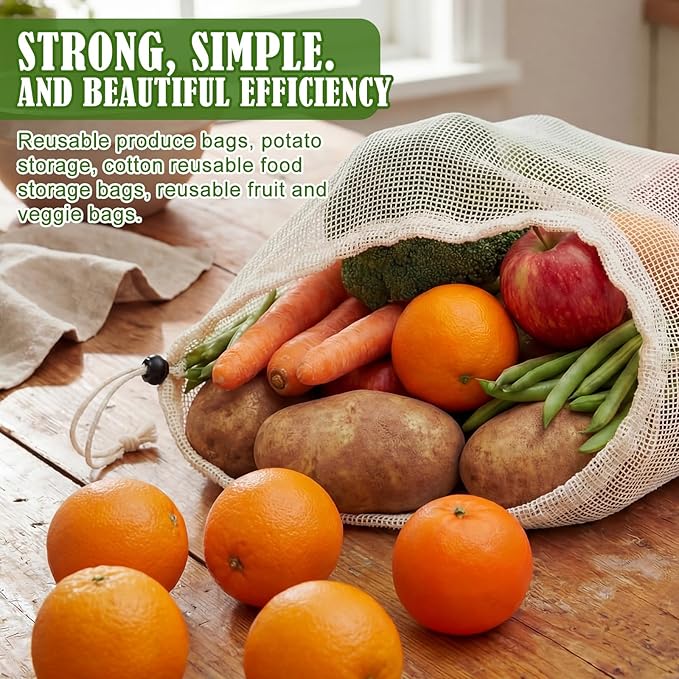 10 Pcs 17 x 14 in Reusable Produce Bags Grocery Washable, Cotton Mesh Produce Bags Plastic Free, Drawstring Closure, Double-stitched Organic Cotton Mesh Grocery Bag for Vegetables Fruit Onions