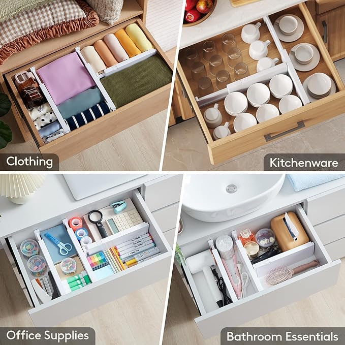 Lifewit 4 Pack 4" High Drawer Dividers 28 -43.5cm/11-17" Adjustable Kitchen Drawer Organiser, Expandable Drawer Dividers Separator for Clothes in Bedroom/Bathroom/Office Organisation & Storage White