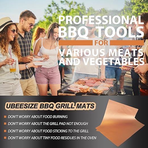 UBeesize Copper Grill Mats Outdoor Grill Set of 6 & 2 Pack Oven Liners 16x24 Inch Non Stick Heavy Duty Mats