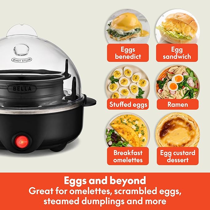 BELLA Egg Cooker, Rapid Boiler & Poacher, Meal Prep Essential, Family Sized Meals: Make Up To 7 Large Boiled Eggs, Dishwasher Safe Lid with Cool-Touch Handles, Poaching Tray Included, Black