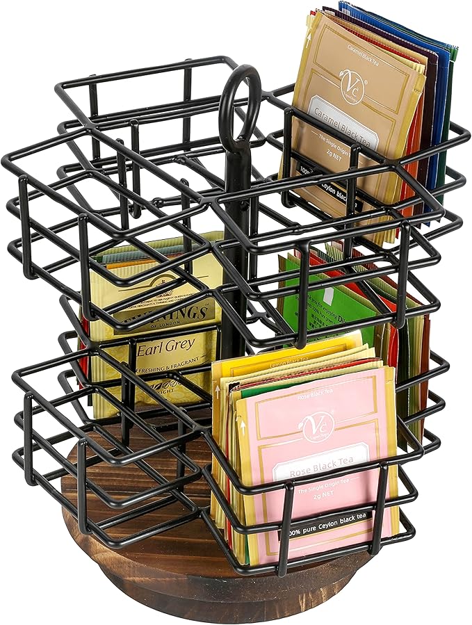 MyGift 8 Compartment Tea Bag Organizer Carousel, Black Metal Wire Packet Holder and 360 Degree Spinning Burnt Solid Wood Base, Coffee Station Storage Caddy
