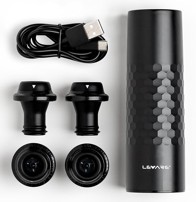 Levare - Rechargeable Wine Saver Vacuum Pump Sealer, Automatic Preserver with USB-C Charger & 4 Universal Bottle Stopper Plugs, Cordless Air Remover to Prolong Freshness, Ideal Gift for Wine Lovers