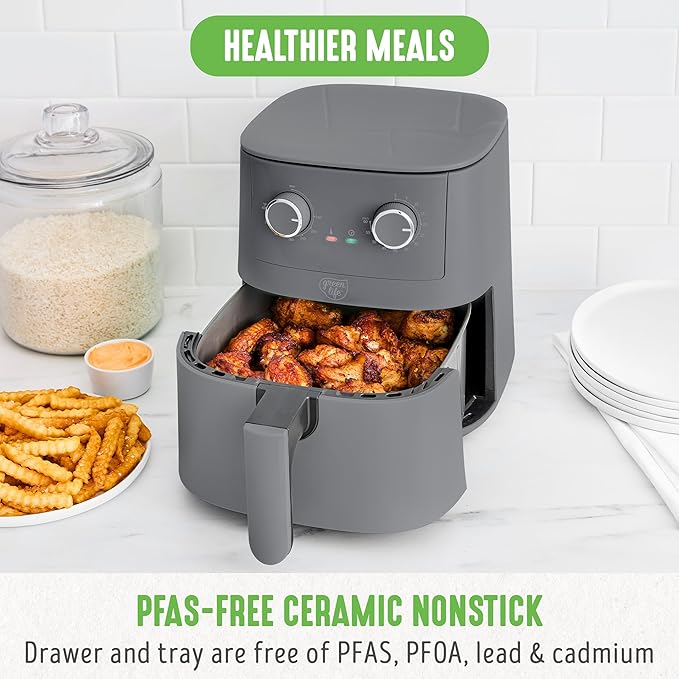 GreenLife 4.5QT Air Fryer, Mechanical Dial Controls, PFAS-Free Ceramic Nonstick Drawer, Adjustable Temp & Timer, LED Indicator, Oil-Less Cooking, Dishwasher Safe, Compact Family Size, Graphite