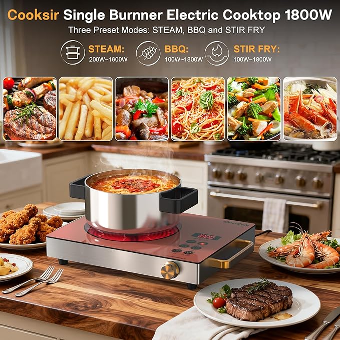 Single Burner Electric Cooktop - 110V 1800W Portable One Burner Hot Plate, Countertop Electric Stove top for Home, Camping, RV, Timer, Child Lock, Steam, BBQ, Stir Fry, 120V Plug in (Orange)