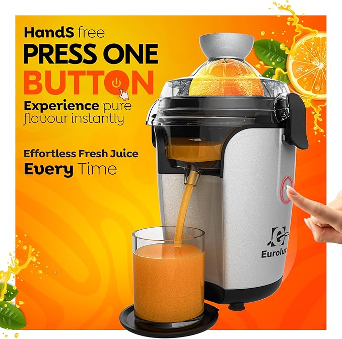 Eurolux Hands-Free Electric Citrus Juicer Machine, Orange Lime Grapefruit Lemon Squeezer, Easy to Clean.