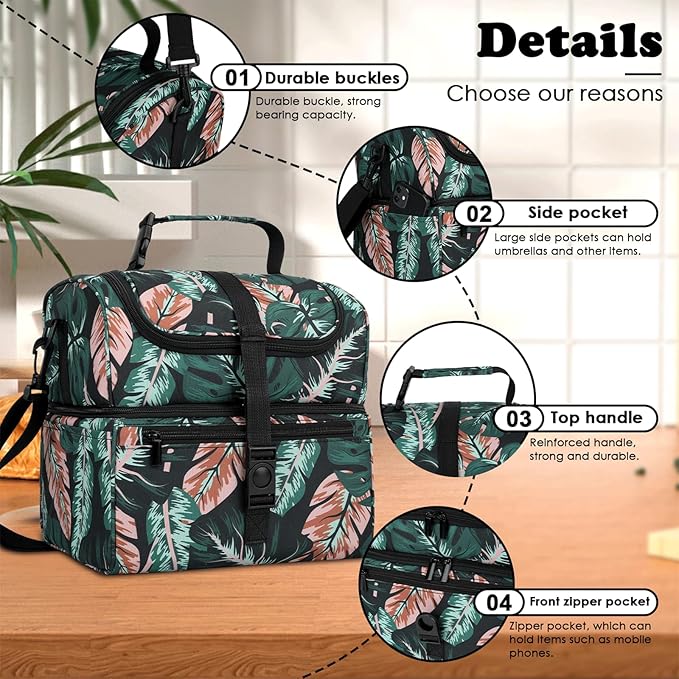 PBRO Double Deck Insulated Lunch Bag for Women,Large Reusable Lunch Box with Adjustable Shoulder Belt,Side Pockets,Cute Tropic Leaves Leakproof Lunch Tote Cooler Bag for Adult Picnic,Working -Green