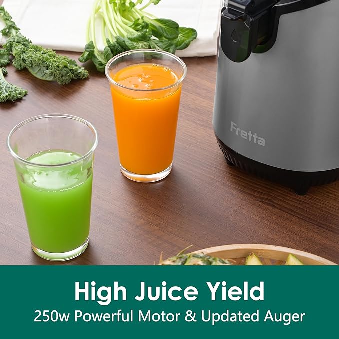 Cold Press Juicer Machines,Fretta Juicer Machines with PCTG Material from the USA,5.3" Extra Large Feed Chute Fit Whole Fruits & Vegetables,Truly BPA-Free,Easy to Clean(Grey, 1.8L)