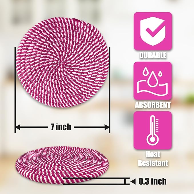 Trivets for Hot Dishes, Hot Pads for Kitchen, 7'' Trivets for Hot Pots and Pans, Pot Holders for Kitchen, Pot Holders Heat Resistant 4-Pcs, Kitchen Essentials for New Home (Pink)