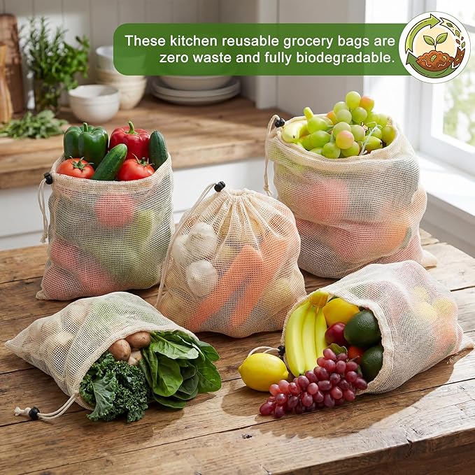 10 Pcs 17 x 14 in Reusable Produce Bags Grocery Washable, Cotton Mesh Produce Bags Plastic Free, Drawstring Closure, Double-stitched Organic Cotton Mesh Grocery Bag for Vegetables Fruit Onions