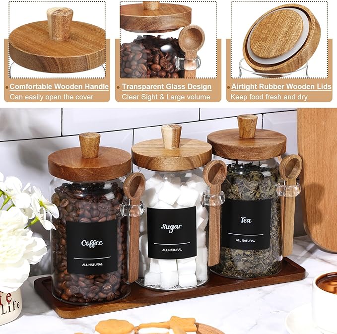 Suclain 3 Pcs Glass Coffee Container with Wooden Lid Spoon Shelf Labels Clear Airtight Jar Food Storage Canister Set for Sugar Spice Coffee Bean Holder Housewarming Gift(25 oz,Acacia Brown)