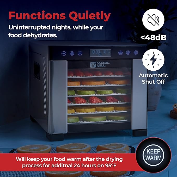 Magic Mill Pro Food Dehydrator Machine | Powerful 600W Rear Fan Even-Drying System | 7 Full-Size Stainless Steel Trays | 95°-176° Temperature Control, 48H Timer, Keep Warm + Auto Shutoff | ETL Listed