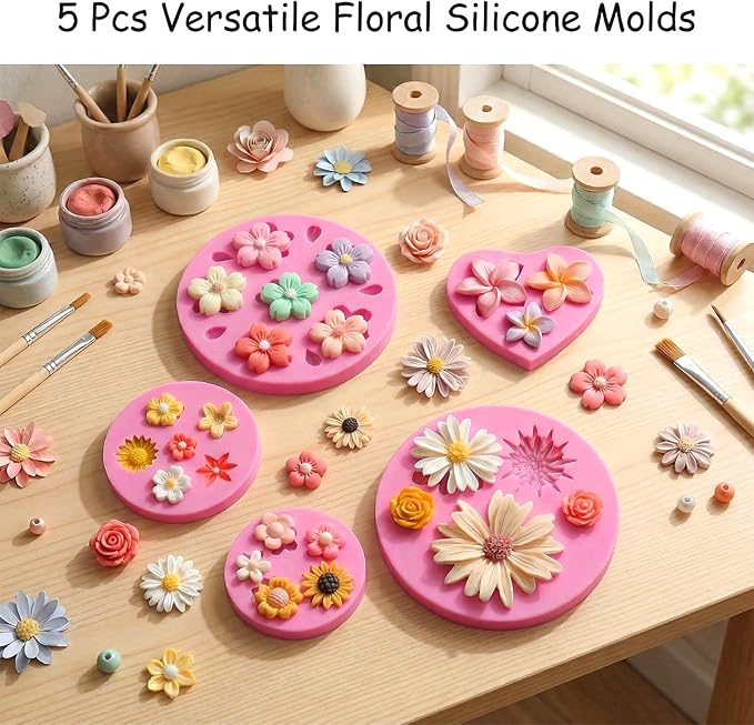 5 Pcs Flower Fondant Molds Flower Rose Daisy Silicone Chocolate Mold for Candy Fondant Polymer Clay Soap Ice Cube Crafting and Cake Cupcake Decoration
