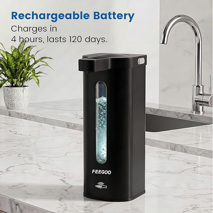 Touchless Automatic Soap Dispenser, 17 oz / 500ml Type-C Rechargeable Countertop Liquid Hand Soap Dispenser for Kitchen and Bathroom, Stainless Steel, Black