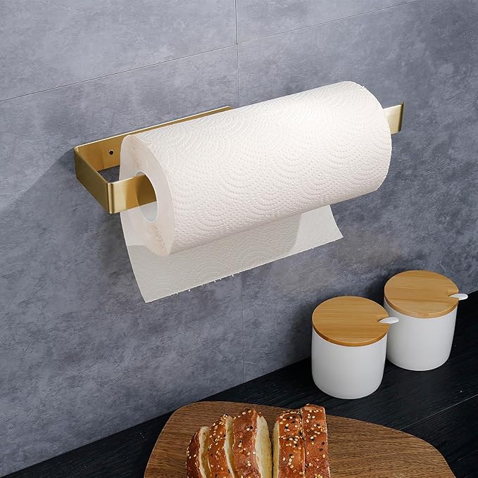 Self Adhesive Paper Towel Holder Under Cabinet Mount, 304 Stainless Steel Wall Mount Paper Towel Roll Rack for Kitchen Cabinet, Bathroom (Gold)