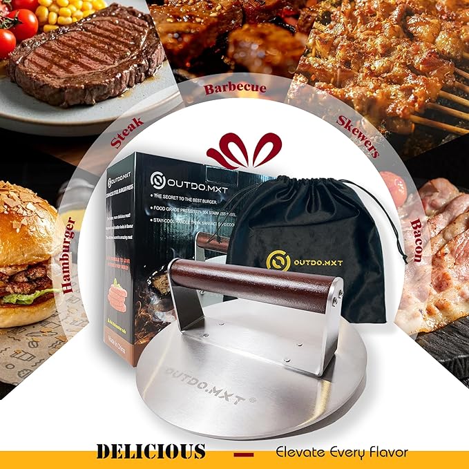 Stainless Steel 8.5" Smash Burger Press, Heavy Duty 2.5lb Burger Smasher with Wooden Handle and Velvet Fabric Storage Bag for Griddle,Grill Press for Hamburger, Bacon,Barbecue Grilling Tool