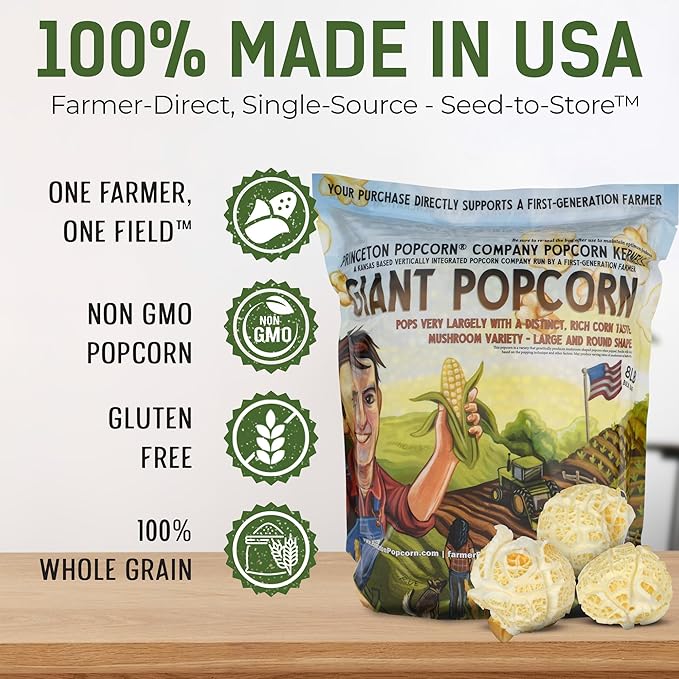 Princeton Popcorn Mushroom Hulless Popcorn Kernels – Easy-Eating, Ball Shaped Tender Popping Corn, Non-GMO Popcorn Kernels, No Hulls, Farmer Direct, Microwave Air Popper or Stovetop Bulk Bag 8lbs