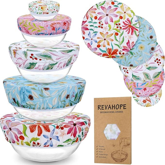 5-Size Reusable Beeswax Bowl Covers for Bread Proofing, Cotton Cloth Flexible Beeswax Wraps for Food Storage(Rainbow Floral)