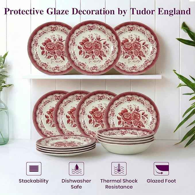 Tudor Royal 12-Piece Round Porcelain Dinnerware Set, Service for 4 - Victoria RED Design, Red Floral, Plates Bowls Dishes, Premium Quality Tableware, Unique Pattern, Glossy