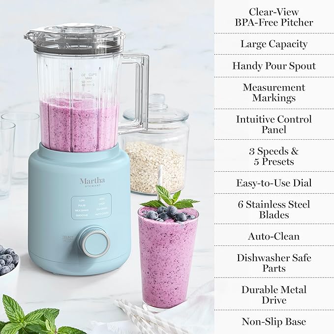 Martha Stewart 50oz Countertop Blender, Smoothie, Margarita & Ice Crushing Blender, BPA-Free Pitcher, 3 Speeds, 5 Presets, Auto-Clean Function, Dishwasher Safe, Stainless Steel Blades, Sky Blue