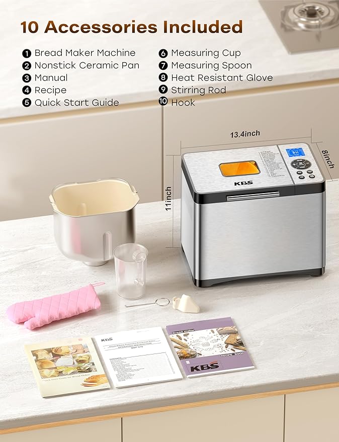 KBS 19-in-1 Programmable Bread Maker, 2LB Bread Machine with Healthy Ceramic Pan, Stainless Steel Bread Maker Machine with 15H Timer& 1H Keep Warm, Sourdough, Gluten Free, 3 Crust Colors, 53 Recipes