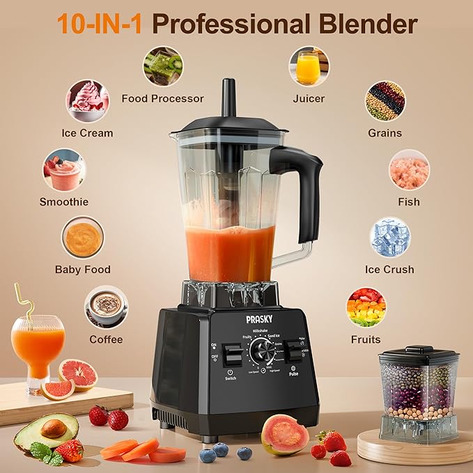 Blenders for Kitchen, Smoothie Blender, 2400W/1000W Prasky Blender & Grinder Combo, 25,000 RPM High Speed, 68oz BPA-Free Food Processor, Countertop Blender for Smoothies, Shakes & Food (Black, 2L)