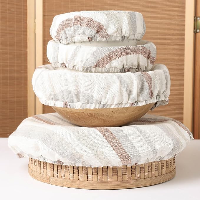 100% Linen Bowl Covers Reusable For Bread Proofing, 4 Pcs Elastic Cloth Fabric Colorful Stripe Bowl Covers, 5.9*7.9*9.8*11.8 Inches, Colorful 4
