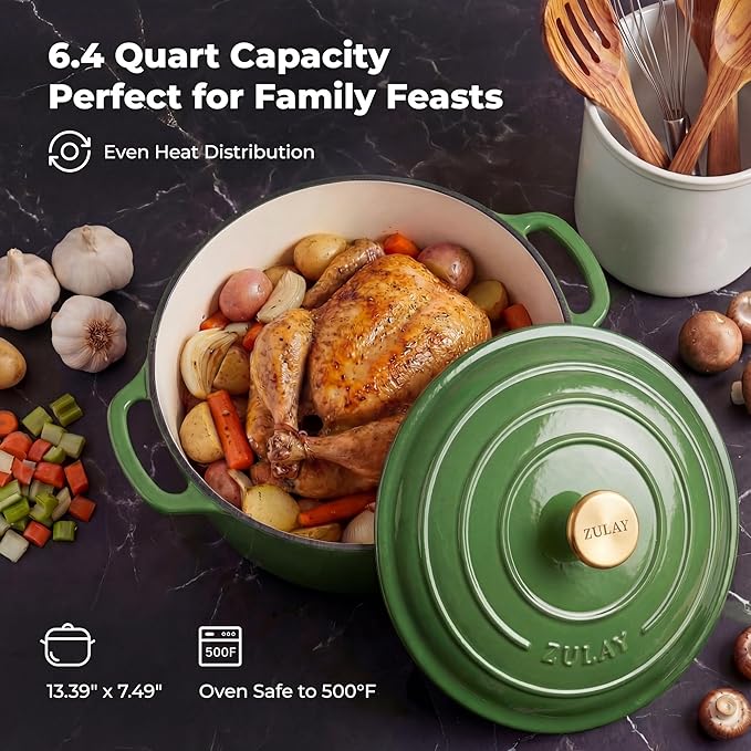 Zulay Kitchen 6 Quart Enameled Cast Iron Dutch Oven Pot with Lid – Premium Durability & Oven Safe up to 500°F – Heavy Duty Cookware Perfect for Bread Baking, Stews, Braising & Roasting - Green