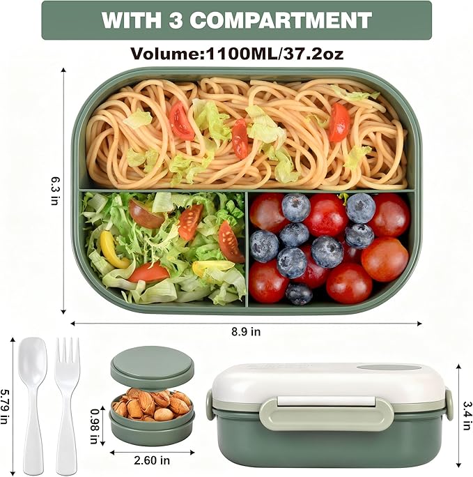 Lunch Bento Box Set - 3 Compartment Containers for Kids and Adults,lunch box for women with Thermo Lunch Bag, Leak-Proof and BPA-Free - Built-in Utensil Set,Sauce - Dishwasher Safe-Green