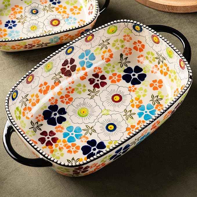 Retro pastoral style Ceramic Baking Dish Rectangular Bakeware Set Baking Pan, 2-piece Hand-painted Porcelain Baking pan with handle, Casserole Dish for Oven/Cooking/Kitchen (Green Traces)
