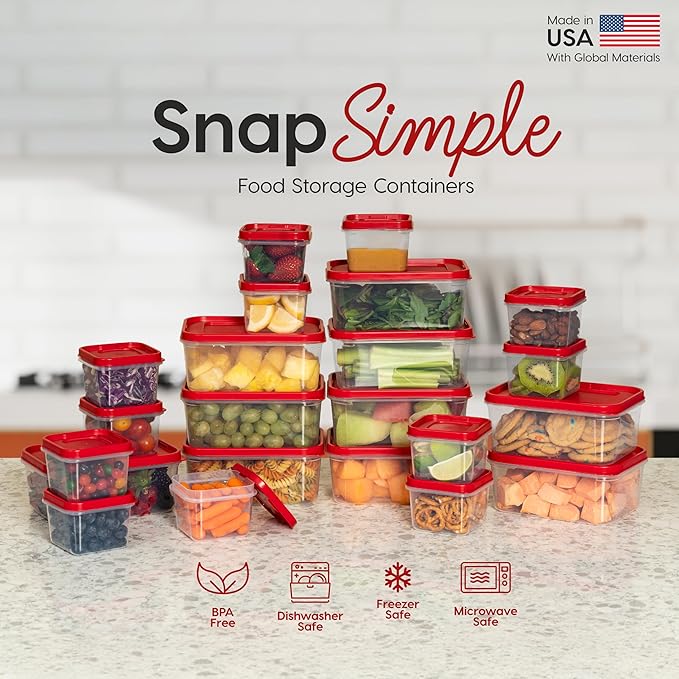 IRIS USA 44 PC Plastic Food Storage Containers With Lids | 22 Meal Prep Containers & 22 Lids| Leftovers Office Lunch Snack Fruit, Microwave Dishwasher Freezer Safe, BPA Free, Clear/Red