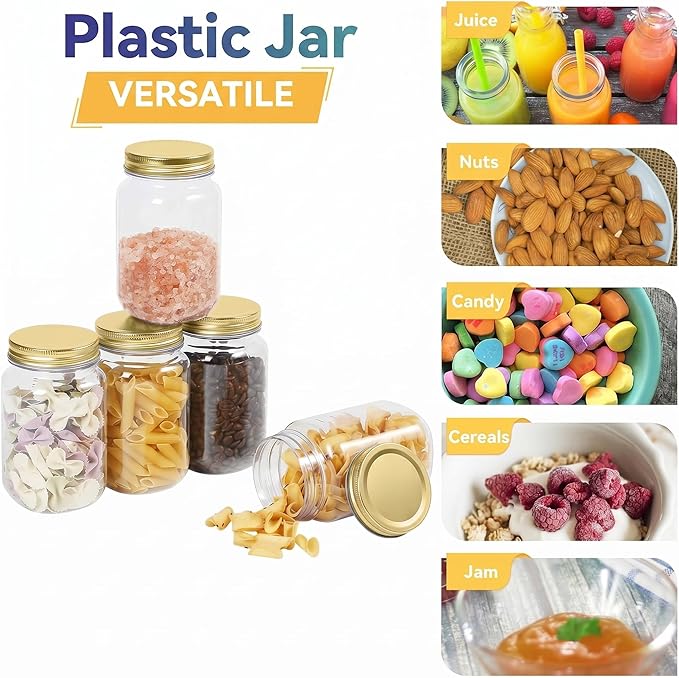 novelinks 16 oz Clear Plastic Jars with Lids, Refillable 16oz Mason Jars with Lids & Storage Containers for Kitchen & Household Use (5 Pack,Gold)