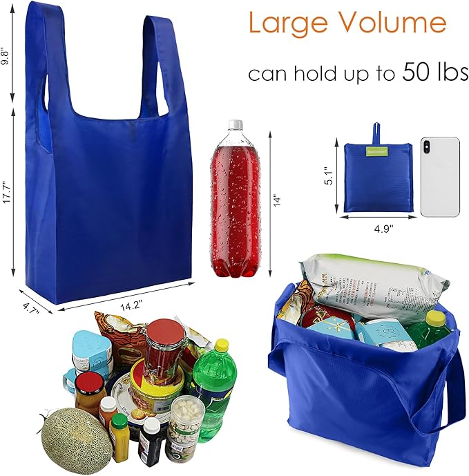 BeeGreen Blue Reusable Grocery Bags Wholesale Blue Reusable Kitchen Bags Bulk Foldable-Machine Washable with Zipper Storage Pouch 10 Packs