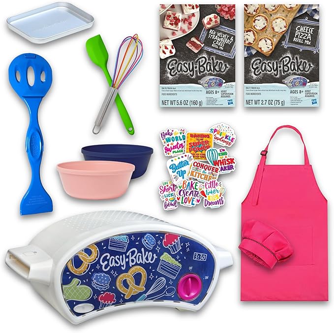 Ultimate Easy Baking Oven Bundle For Kids With 20 Items - Oven, 2 Refill Mixes, Apron, Hat, 2 Bowls, Spatula, Whisk, 9 Stickers, Baking Pan & Tool (Happy Hot Pink Baker Bundle)