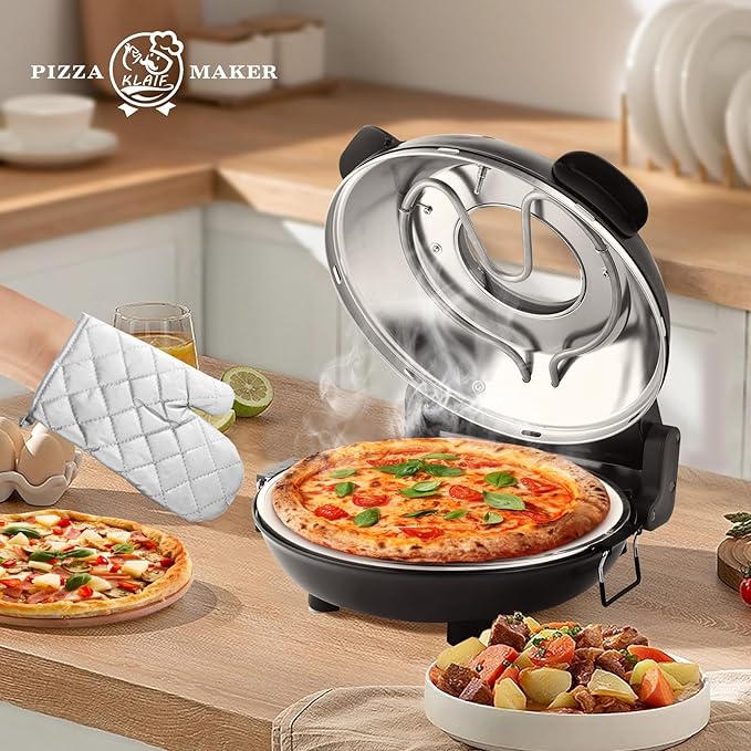 KLAIF 12" Electric Countertop Pizza Oven Indoor With Ceramic Stone, Dual Adjustable Temperature Controls, Includes 4 Pizza Tools, LMR-Black