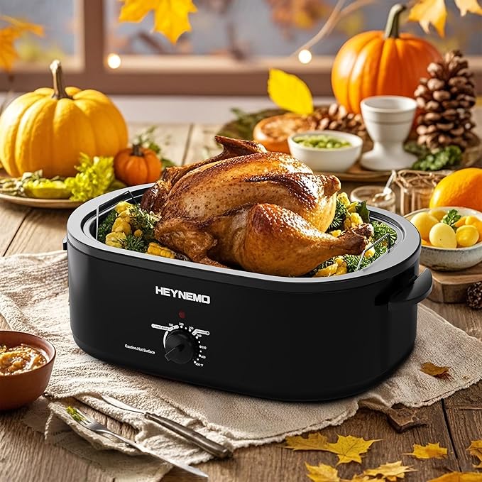 18Qt Roaster Oven Buffet with Self-Basting Lid, 1450W Stainless Steel Electric Turkey Roaster Oven with Cool-Touch Handles, Removable Pan and Rack, Black