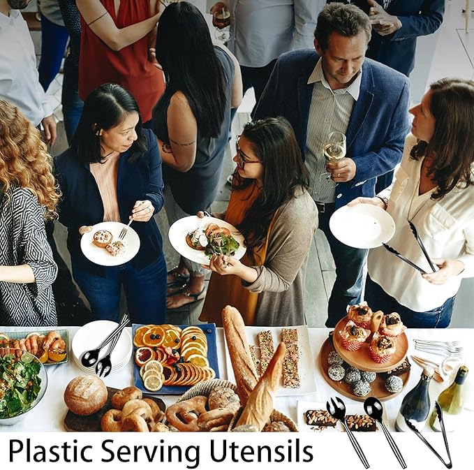 Dualshine 24 Pcs Disposable Black Plastic Serving Utensils,8 Set Including 9.72" Plastic Serving Spoons, Forks and 8.46" Tongs, for Dinner Parties, Buffets,Banquets, Events, Weddings, and Daily Use
