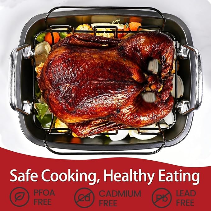 Large Nonstick Roasting Pan with Rack (17x13 Inch) -Turkey Roasting Pan with Wider Handles, Heavy Duty Construction Roaster - Easy Clean for Oven