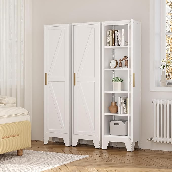 67" Tall Narrow Bathroom Metal Storage Cabinet with 4 Adjustable Shelves, Freestanding 5 Tier Slim Pantry Storage Cabinet for Small Space, White
