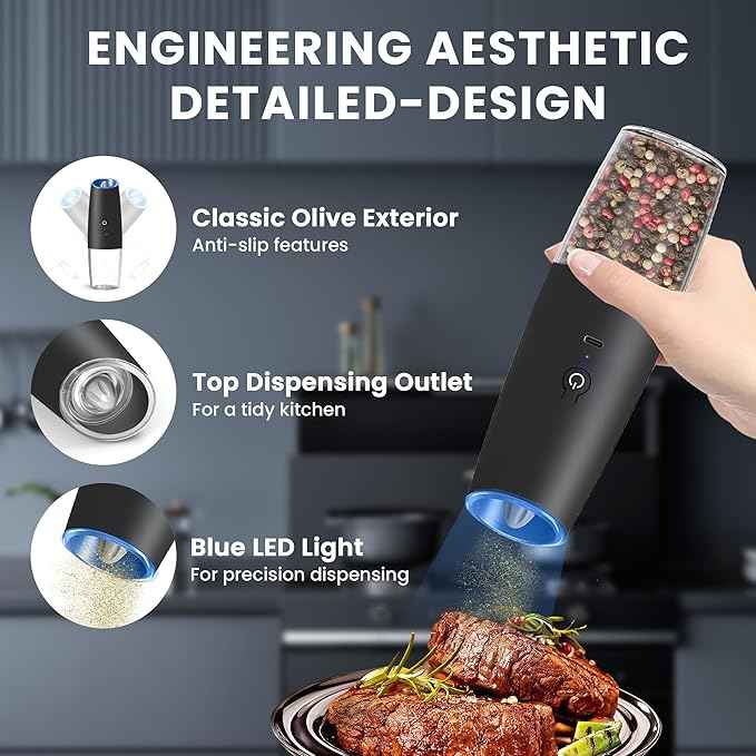 Rechargeable Electric Salt and Pepper Grinder set of 2, gravity electric salt and pepper grinder set, Adjustable Roughness, LED Light, 2 Pack, (Black&White)